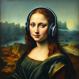 a painting that looks like she's wearing overear headphones negative negative nope nope no no not no not no not but it's now mona lisa but she's wearing overear headphones on her head wearing overear headphones over her ears
