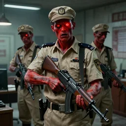 zombie security officers from 1 9 6 0 with glowing pale red skin in beige uniforms and caps holding bullpup rifles in a brutalist office setting trending on artstation digital painting 4 k sharp detail high quality