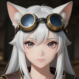portrait of a cat girl wearing steampunk goggles over forehead | | very very anime!!!, tabaxi, fine - face, realistic shaded perfect face, fine details. anime. realistic shaded lighting poster by ilya kuvshinov katsuhiro otomo ghost - in - the - shell, magali villeneuve, artgerm, jeremy lipkin and michael garmash and rob rey