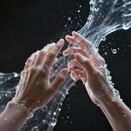 hands making contact in the metaverse, organic liquid textures, particles flowing, abundent in details, transparent, surreal dramatic lighting