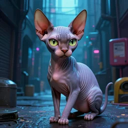 a cyborg!! sphynx cat!!, in a cyberpunk alleyway by daniel clowes