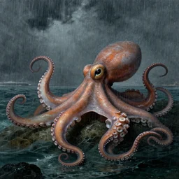 giant octopus with tentacles under the rain on a stormy ocean, by jmw turner