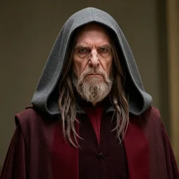 portrait of palpatine ian mcdiarmid emperor with a hood in shades of grey but with red by jeremy mann