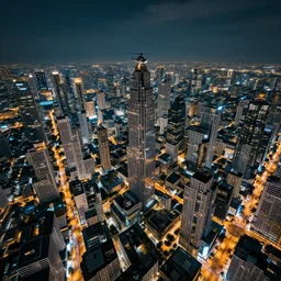 sci - fi bangkok cityscape. wide angle night photo. helicopter view. exaggerated detail. volumetric lighting. krenz cushart. wenjun lin. masamune shirow.