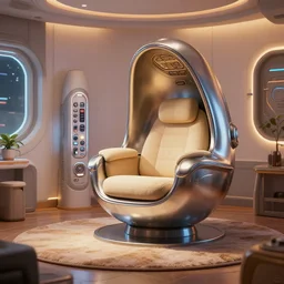 cozy folksy color scheme. small intimate indoor home design shot. futuristic sci - fi professional lighting. masterpiece. digital artstation render of a slick futuristic starwars environment by john harris. tensegrity captain's chair integrated into a giant button laden cylindrical station inspired by the shape of a hooded chrome egg avocado bean armature on a dais.