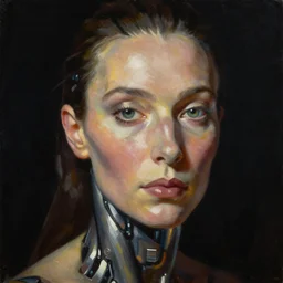 refined gorgeous blended oil painting with black background, portrait pose of an extremely beautiful cyborg, ultra high face symmetry, masterpiece, award - winning, by christian rex van minnen rachel ruysch dali todd schorr, chiaroscuro cast shadows obscuring features dramatic lighting perfect composition masterpiece