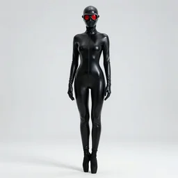 hooded flat slim thin petite female plague doctor, in extra tight shiny black seamless latex suit, long sleeves, turtleneck, trending on artstation, latex plague crow mask, goggles glowing red, ballet boots, establishing shot, fullbody shot