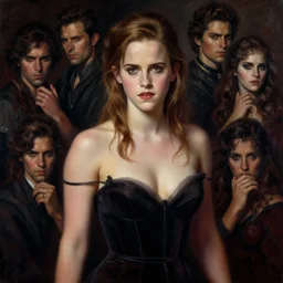 emma watson portrait, atmospheric lighting, painted, voluptuous, menacing, intricate, volumetric lighting, beautiful, rich deep colours masterpiece, sharp focus, ultra detailed, by leesha hannigan, ross tran, thierry doizon, kai carpenter, ignacio fernandez rios