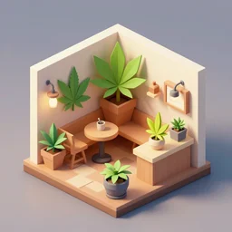 isometric cute cartoon of minimalist seed shop cafe decorated a few cannabis leaf pots. by benoit mandelbrot, render pixar palette, low poly digital art artstation artgerm