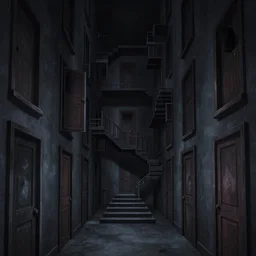 a terrifying dark hallway with many doors and many stairs, impending doom, horror, Mc Escher architecture, epic composition, anime key visual