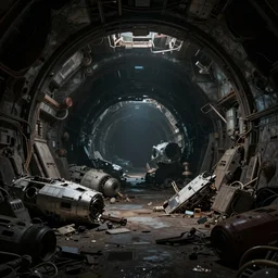 a vast dark tunnel with dim lighting with piles of broken spaceships, robots and machines