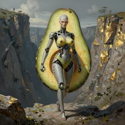 very angry avocado well proportioned pacing to cliffs by eddie mendoza hyperrealism expressive eyes cyborgess symmetrical very very detailed giger beksinski grey and gold