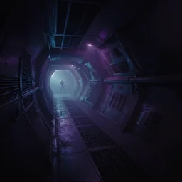 Film still of a dimly lit corridor on an alien space ship, dark matte metal, floor grills, ventilation shafts, dusty, mist and smoke, purple and cyan lighting, tilted camera angle, a mysterious creature in the distance, wide-angle lens vanishing point, year 3000, Cinestill colour cinematography, anamorphic