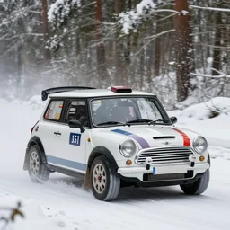 a 2 0 0 3 mini cooper s, racing through a rally stage in a snowy forest
