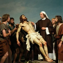 'A young man who is clearly Christ Jesus is rising from the dead. He is being helped out by a priest, who looks like he might have been trying to stab him. There are other people who look like the disciples. They are not scared of him.' They are not worried as they see him rising.