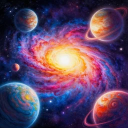 the most colorful drawing of the sky, planets and galaxies, vivid, powerful, beautiful, artstation, 8 k