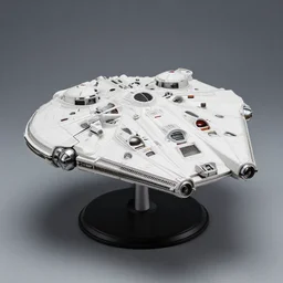 model millenium falcon on a stand, 1 9 8 0 s, product shot, shiny, reflective, studio photo, side show collectibles, realistic