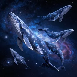 a group of whales swimming in outer space across stars and galaxies, intricate details, epic composition, octane renderer