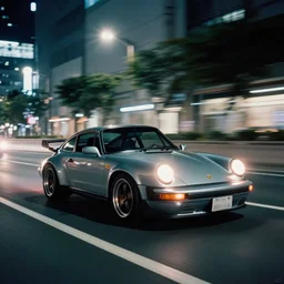 photo of a porsche 911 at night driving fast through a city, cinematic, 4k, long exposure photography, tokyo drift, fast and furious, film still, night photography, motion blur, lens flare, movie shot, analog camera