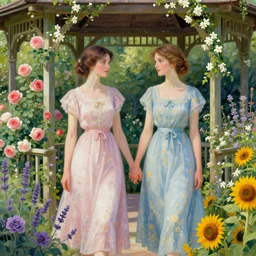 two beautiful women holding hands under a gazebo in their garden with various flowers, roses, lavender, jasmine, sunflowers, art style of dorothy lathrop, high - res,