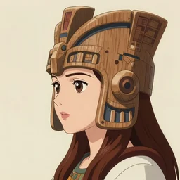 anime boyish natalie portman side pose, wooden aztec face helmet, close - up nose, centered, cel shaded, portrait, pantone, 1 2 bit