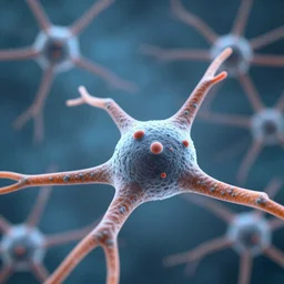 Electron photo focused on a plump neuron connected by synapses to a large network of neurons in the background