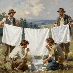 painting by sargent and leyendecker and greg hildebrandt savrasov levitan 1 9 7 0 s in usa clean white washing blowing in the wind on a washing line 3 d octane render volumetric light