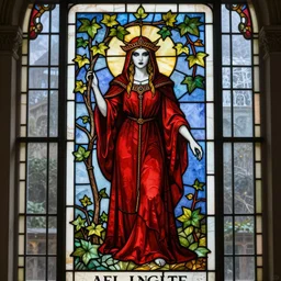 a stunningly detailed tarot card stained glass window of a beautiful poison ivy with white skin wearing a long floor length red dress as a medieval druid queen, dark eyeliner, intricate, elegant, highly detailed, digital painting, artstation, concept art, sharp focus, illustration, art by greg rutkowski and alphonse mucha