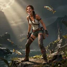 lara croft fishes and she laughs because she got shoes