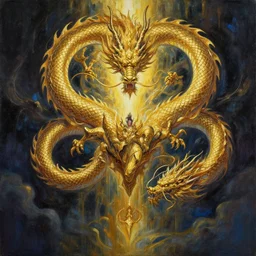 Divine Golden Dragon Descends from the Skies, Acrylic painting, Dark Fantasy, Medieval-looking, symmetry, trending on Artstation, trending on Deviantart, artstationHQ, artstationHD, full color, by Kentaro Miura