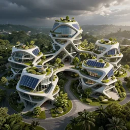 a photo of a house complex from the future, parametric architecture, blending with nature, renewable energy sources, trending on flickr