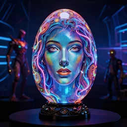 portrait of a plasma energy tron murano faberge candy glass egg designed by david chihuly and hr giger and brian froud. made up of glowing swirling electric pixels. tron world background. photo still by annie liebowitz