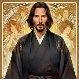 hyperdetailed portrait of a keanu reeves in a kimono, digital painting, artstation hq, sharp foccus ilustration, artstation hq. intricate, elegant. wlop, artgerm, greg rutkowski, alphonse mucha, medium shot. dan mumford, tomokazu matsuyama, takato 4 yamamoto