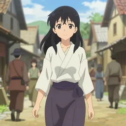 anime visual, portrait of a young female walking through a busy medieval village, face by yoh yoshinari, murata range, last exile, blue submarine no 6, dynamic pose, dynamic perspective, detailed silhouette, cel shaded anime