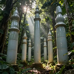 ceramic pillars in the middle of the jungle, mystical, sun rays, photography, award winning, 4 k