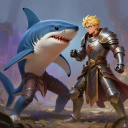 anthropomorphic thresher shark knight fighting blond knight with glasses, fantasy, digital painting, dramatic lighting, vibrant setting, realistic shading, unreal engine 5, concept art, ultra detailed, trending artstation