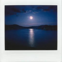 analog polaroid of a view over a deep blue lake, dark sky with a round pink moon in the background