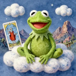 a ultradetailed watercolor art of kermit the frog with wool felting clouds illustration by nico delort, alien mountains background, 4 k resolution, matte painting, tarot card style, nasa photo