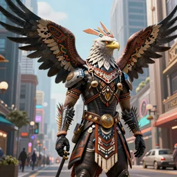 extremely fine detail bounty hunter neocyberpunk eagle in tribal regalia, on the street under skyline buildings and streets, an idea seep's into infinity highly detailed 3 d in volumetric latent space, cinematic light, sharp focus, divine realm of gods, octane render,