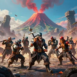battle of pirates with a volcano on the background, 4k, 8k, trending on artstation, artstationHD, artstationHQ