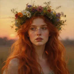 oil painting close up portrait of a beautiful young woman with long flowing red hair, wearing a crown of wildflowers!! at sunset, hazy, digital art, chiaroscuro, artstation, cinematic, golden hour, digital art painting by greg rutkowski, william - adolphe bouguereau, hazy atmosphere, cinematic lighting