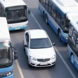 car surrounded by busses