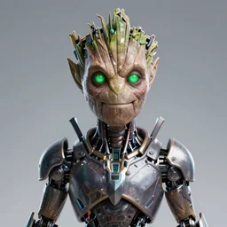 human goth groot ; adult male 3 0 years ; glowing green eyes ; scientist ; friendly ; closed mouth ; sharp facial features ; slender ; vampire ; wearing high tech armour ; robot ; trending on artstation ; high detail ; digital art