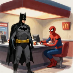 Batman and Spiderman work at the McDonald's checkout. Disney drawing.