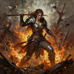 a beautiful brutal warrior brutally on the battlefield, wrath flame and ruin, oil painting, trending on artstation