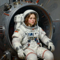 a realistic oil painting of a girl resembling alicia vikander or millie bobby brown wearing a spacesuit in a futuristic mechanical spaceship engine, highly detailed, intricate, artstation, by donato giancola and william adolphe bouguereau