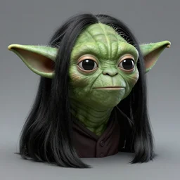 Yoda with long black hair, hair down to his shoulders, 80s haircut, long strands of hair, thick hair, concept art, highly detailed, trending on artstation