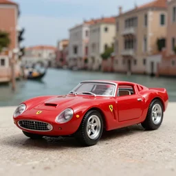 3 5 mm photo of red 1 9 5 2 ferrari 5 0 0 f 2, hot wheels model with venice background, very high detail, epic cinematic, epic lighting