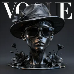 a head made out of melting metal, dark palette, it is wearing sunglasses and a hat, there are flowers all around it, black paint melting, vogue cover style, demonic style, smooth fractal style, ethereal fantasy style, 3 d perfect render style