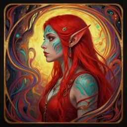 side profile centered painted portrait, female red orc forest druid, teal face tattoos, d & d, gloomhaven, matte painting concept art, art nouveau, beautifully backlit, swirly vibrant color lines, fantastically gaudy, aesthetic octane render, 8 k hd resolution, by ilya kuvshinov and cushart krentz and gilleard james